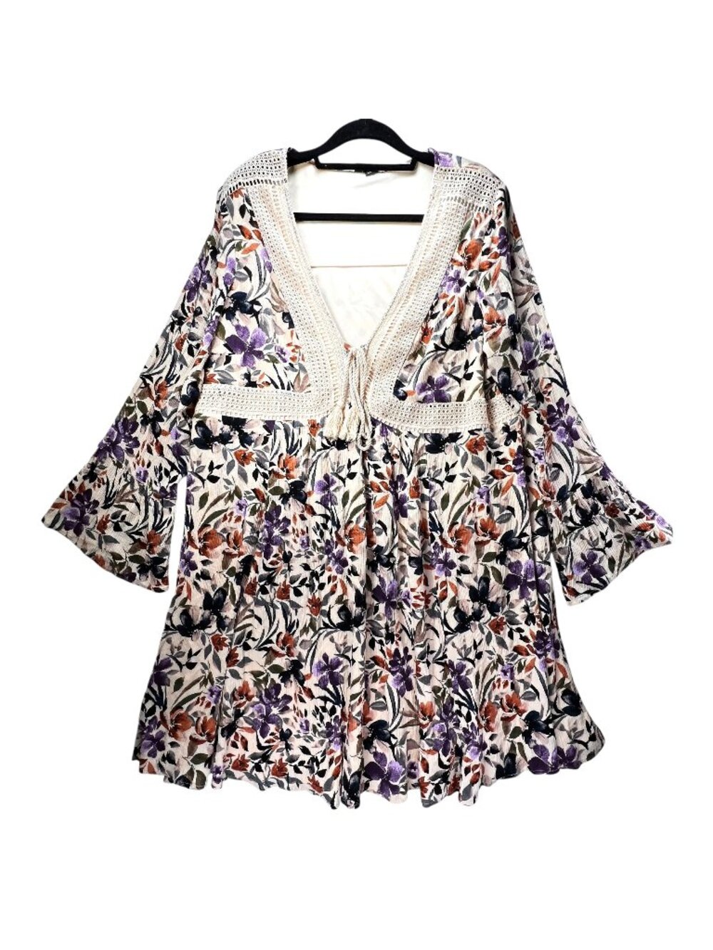 Torrid Boho Floral Print Bell Sleeve Dress Tunic Crochet Trim Rope Tie Size 2X